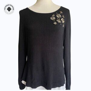 Charter Club Black Layered Look Sweater with Rhinestone Embellishment, PM
